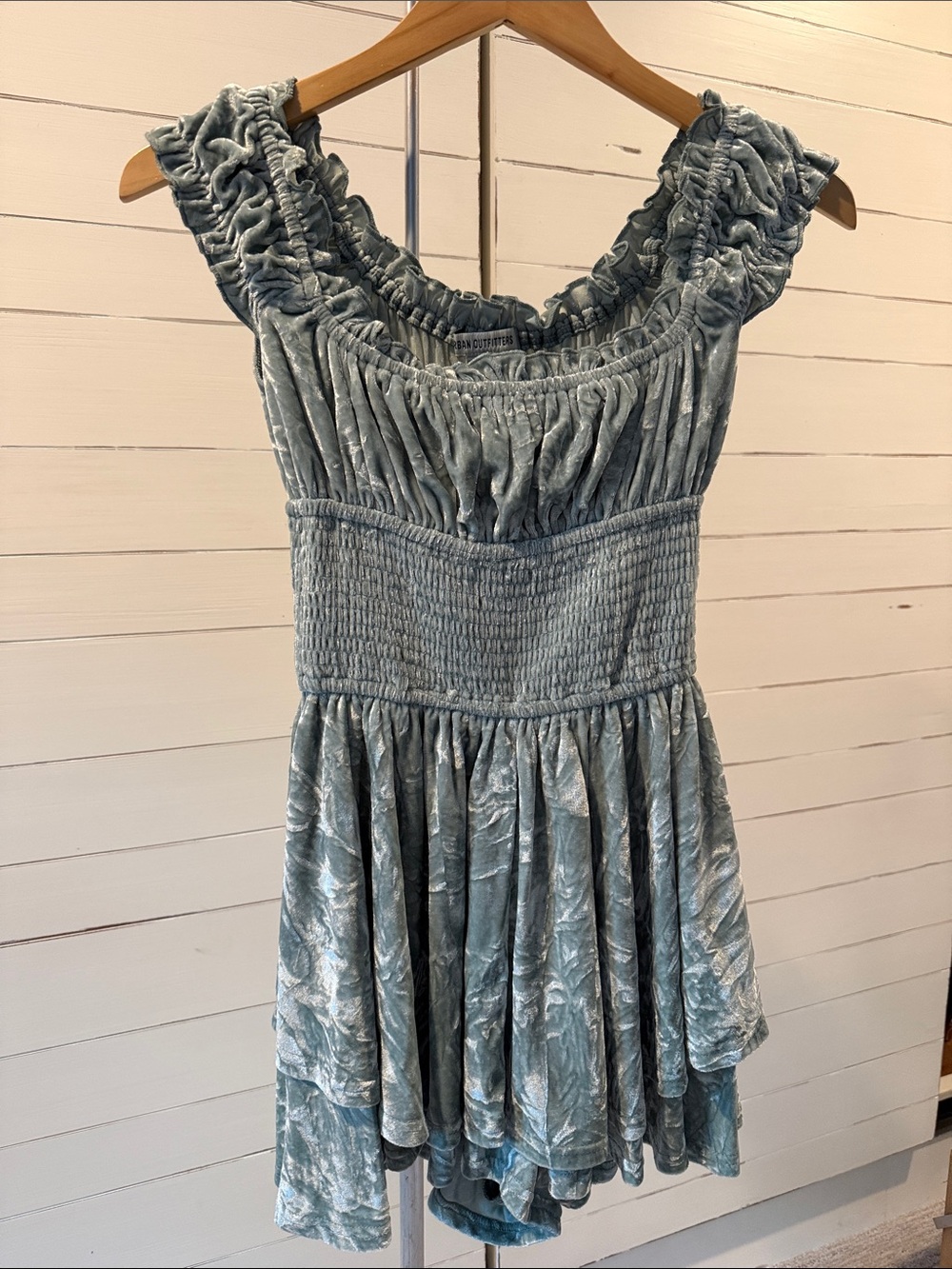 Urban Outfitters Light Blue Velvet Ruffle Romper